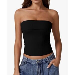 QINSEN Women's Tube Top, Strapless Bandeau, Double Lined, Slim Fit Black, Medium